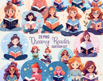 Op de afbeelding: Een set van 20 digitale illustraties met cartoonmeisjes die boeken lezen. De meisjes worden afgebeeld in verschillende poses en omgevingen, sommige omringd door sterren en manen. De illustraties zijn in een grillige en dromerige stijl, met zachte kleuren en delicate details.