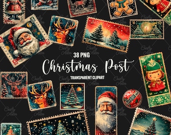Vintage Christmas Stamp Clipart: Santa, Reindeer (38 PNG)