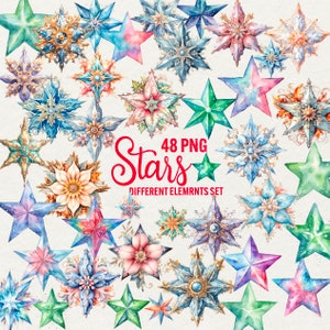Aquarel kerststerren clipart, 48 png kerstboomster clipart, feestelijke illustraties, kerststerren, Paper Crafts Elements, commercieel gebruik