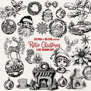 Retro Christmas Winter clipart, 96 png and Svg Set Christmas art Winter clipart Christmas Vintage Style Santa clipart drawn Commercial Use