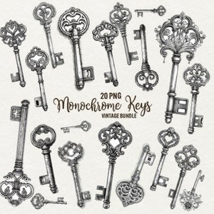 Teclas monocromáticas Clipart 20 PNG Clipart de fantasía Ilustraciones de dibujo de líneas de teclas en blanco y negro, descarga instantánea, uso comercial.