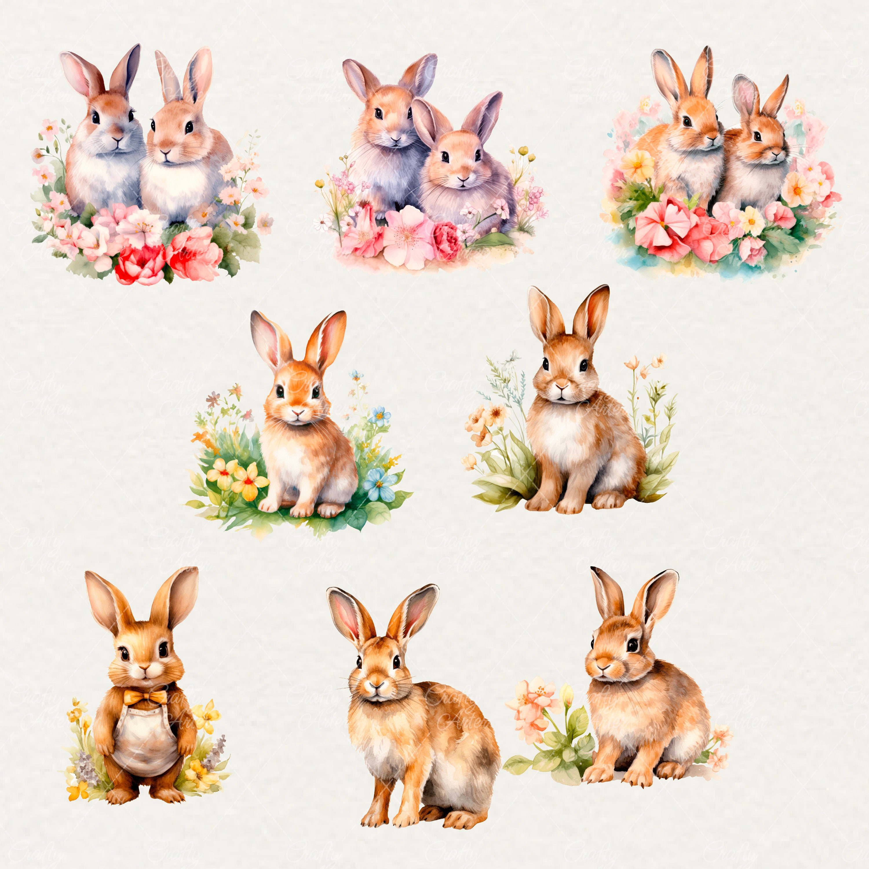 Watercolor Spring Bunny Clipart: 39 PNG Floral Rabbit Images (digital ...