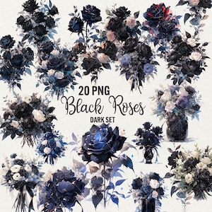 Watercolor Black Roses Clipart: Gothic Floral PNG Set (20 Images)