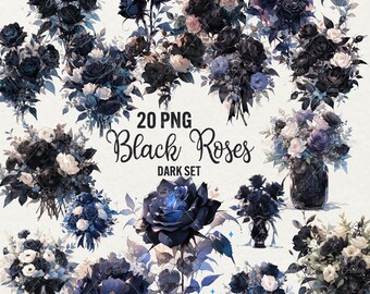 Watercolor Black Roses Clipart: Gothic Floral PNG Set (20 Images)