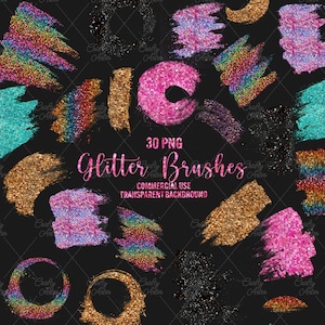 Puede incluir: Un conjunto de 30 gráficos de pincel digital de purpurina en varios colores, incluidos dorado, rosa, azul y negro. Los pinceles tienen diferentes formas y tamaños, y son perfectos para agregar un toque de brillo a tus diseños.