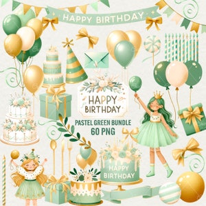 Clipart anniversaire vert, 60 PNG joyeux anniversaire vert pastel, anniversaire de fille, célébrer, fête d'anniversaire vert pastel, cadeau PNG, usage Commercial
