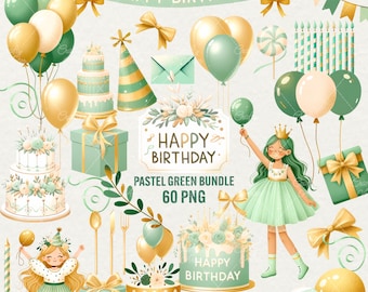 Pastel Green Birthday Clipart: 60 PNG Party Designs (Commercial Use)