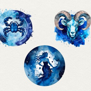 May include: Watercolor illustrations of three zodiac signs: Cancer, Aries, and Pisces. Each sign is depicted in a blue and white circle with a starry background.