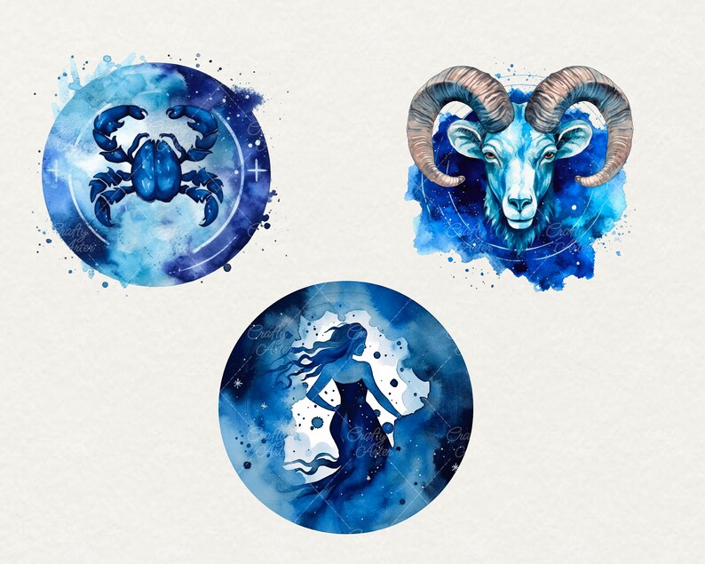 May include: Watercolor illustrations of three zodiac signs: Cancer, Aries, and Pisces. Each sign is depicted in a blue and white circle with a starry background.