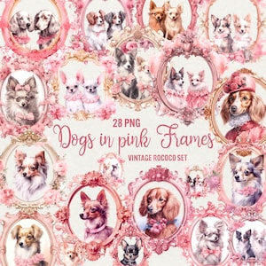 Aquarelle chien rose des cliparts, 28 PNG cadre de chiens rococo rose pastel, clipart animaux roses, clipart portrait de chien vintage usage Commercial