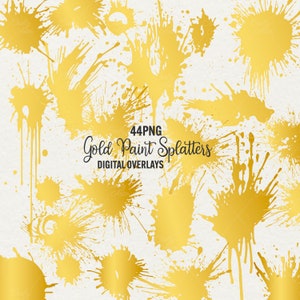 Gold Splatters Overlays, Digitale Goldfarbspritzer, Aquarell Goldene Spritzer, Transparente Digitale Elemente, Kommerzielle Nutzung.