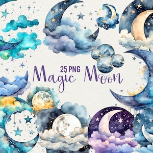 Watercolor Magic Moon Clipart, 25 PNG Moon Night Clipart Galaxy Heavy Moon Clip art Fantasy Watercolor Clipart Sublimation. Commercial Use
