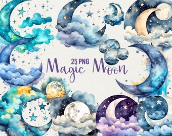 Watercolor Moon Clipart: 25 PNG Galaxy Fantasy Illustrations (Commercial Use)