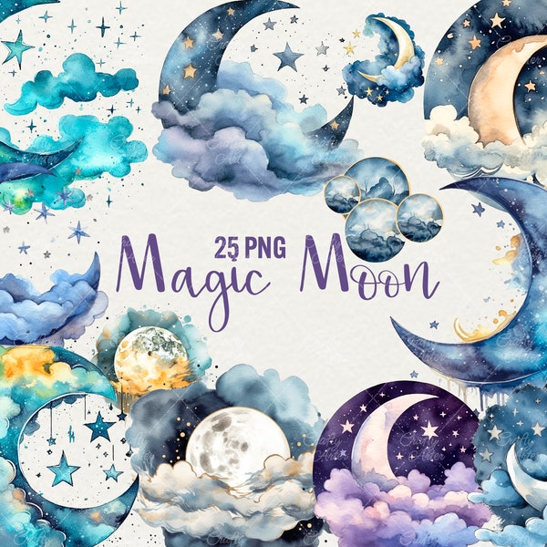 Watercolor Magic Moon Clipart, 25 PNG Moon Night Clipart Galaxy Heavy Moon Clip art Fantasy Watercolor Clipart Sublimation. Commercial Use