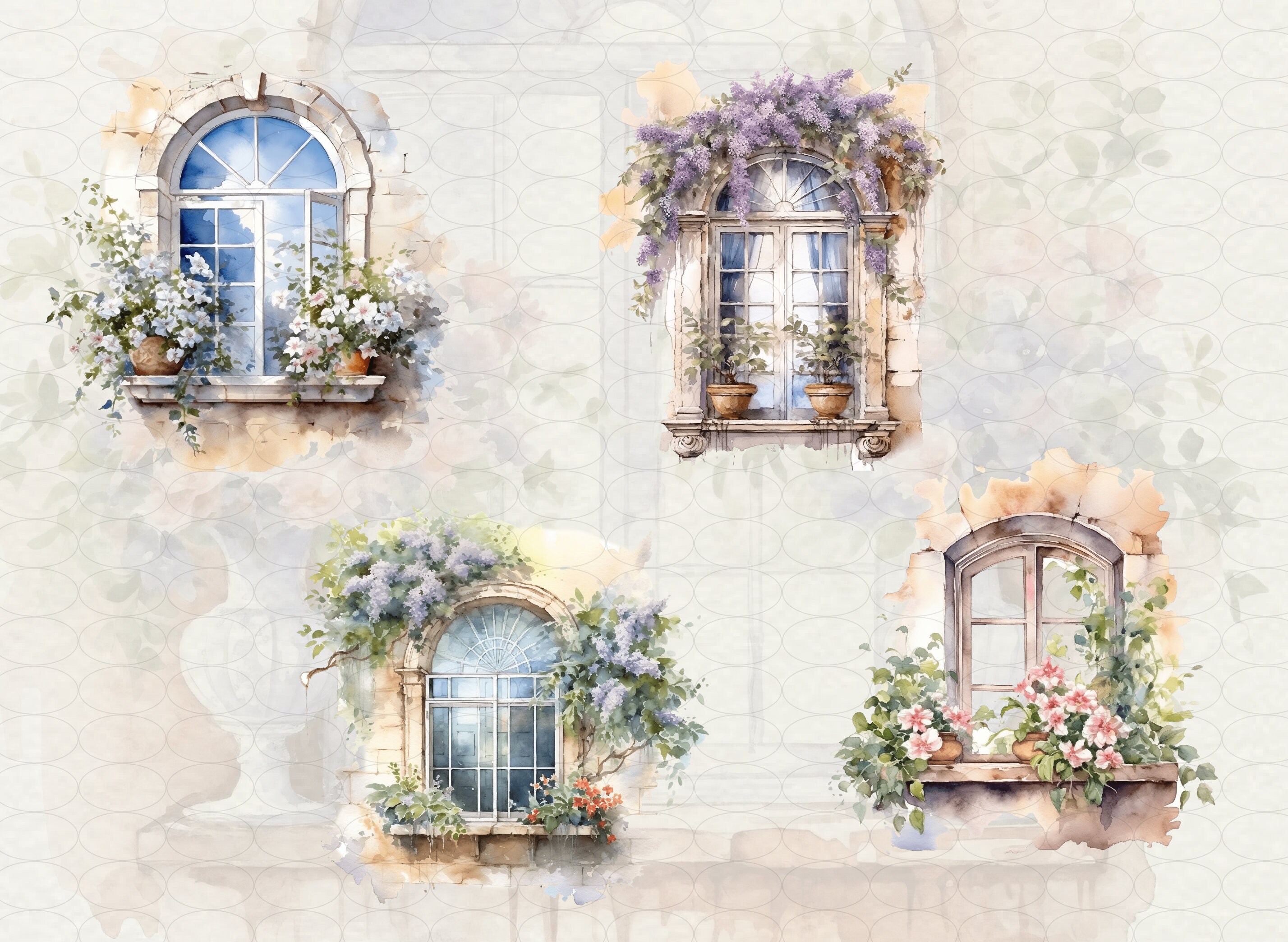 Floral Spring Windows Clipart: 17 PNG Watercolor Antique Windows ...