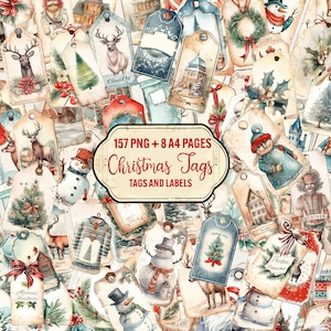 Etichette di Natale Clipart Mega Bundle 157 PNG e fogli A4 Etichette regalo stampabili Etichetta di Babbo Natale vintage, Clipart di diario spazzatura, uso commerciale