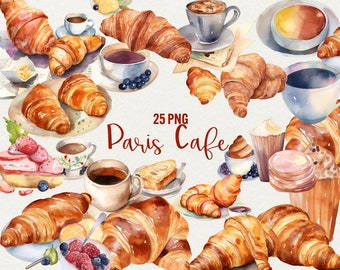 Watercolor Paris Cafe Clipart: Croissants & Coffee (25 PNG Digital Download)