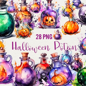 Aquarell Halloween Potion Clipart, Aquarell Halloween Grafiken 28 PNG Zaubertrank Flaschen Clipart, kommerzielle Nutzung