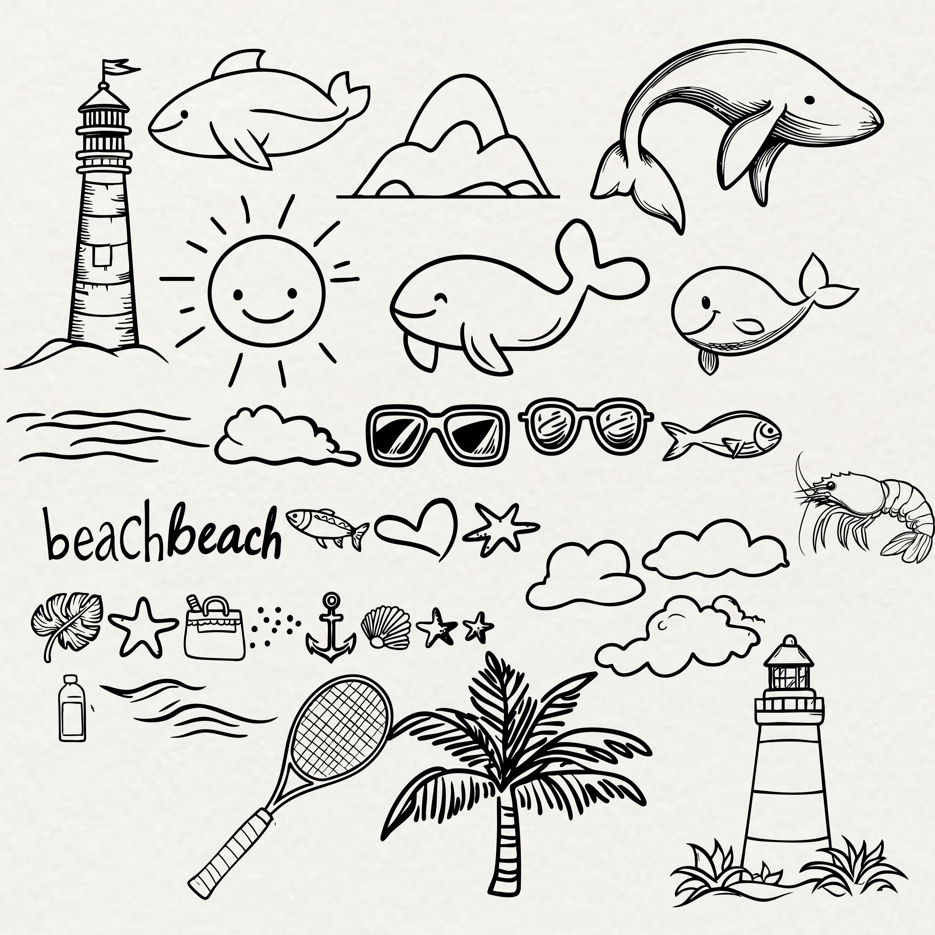 Beach Doodle Clipart Bundle: Summer Line Art PNG SVG (commercial Use - Etsy