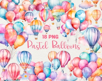 Watercolor Balloons Clipart: 18 PNG Pastel Balloon & Cloud Graphics (Commercial Use)