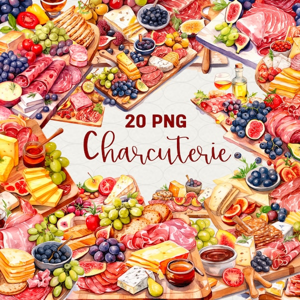 Charcuterie Board Clipart, 20 PNG Food Clip Art, Food Illustrations, Cheese Charcuterie Boards, Watercolour Charcuterie Board Commercial Use