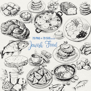 Clipart nourriture juive, 79 png + 79 vecteur Svg, clipart Hanoucca, clipart Shakshuka, latkes challah juive, poisson Gefilte, usage Commercial.