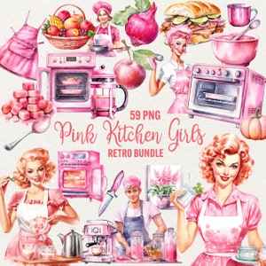 Clipart de meninas de cozinha rosa aquarela, clipart de meninas pin up retrô, 59 PNG Pastel rosa linda garota cozinhando Download instantâneo Uso comercial