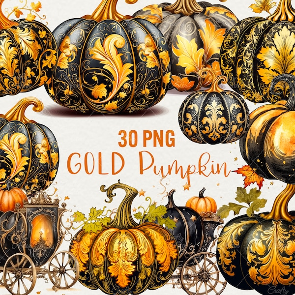 Watercolor Gold Pumpkin Clipart, Watercolor Halloween Party illustration 30 PNG Luxury Pumpkin Gold Clipart, Commercial use