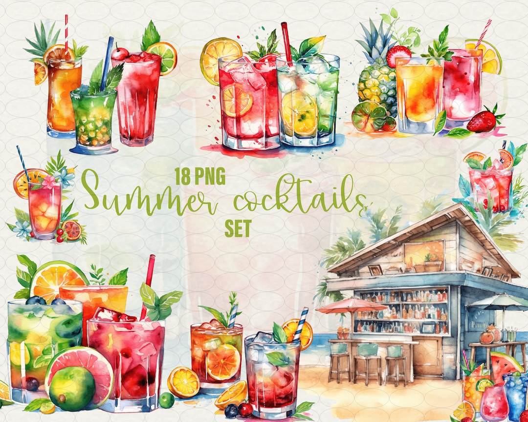Watercolor Summer Cocktail Clipart: Hawaii Drinks, 18 PNG Digital Art ...