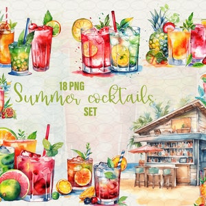 Sommer-Cocktail Clipart, Hawaii Sommer Aquarell Getränk, 18 PNG Cocktails Clip Art Digitale Kunst, Sommermenü Getränk Idee. Kommerzielle Nutzung.