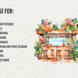 Watercolor Beach bar Clipart, 20 png tropical island Hawaii cocktail bar palms, drink bar on beach, Commercial Use.