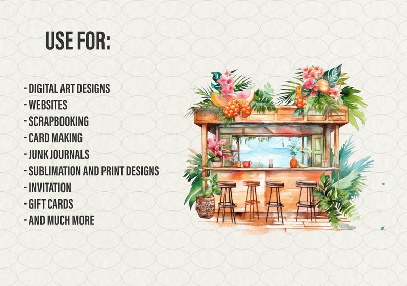 Watercolor Beach bar Clipart, 20 png tropical island Hawaii cocktail bar palms, drink bar on beach, Commercial Use.
