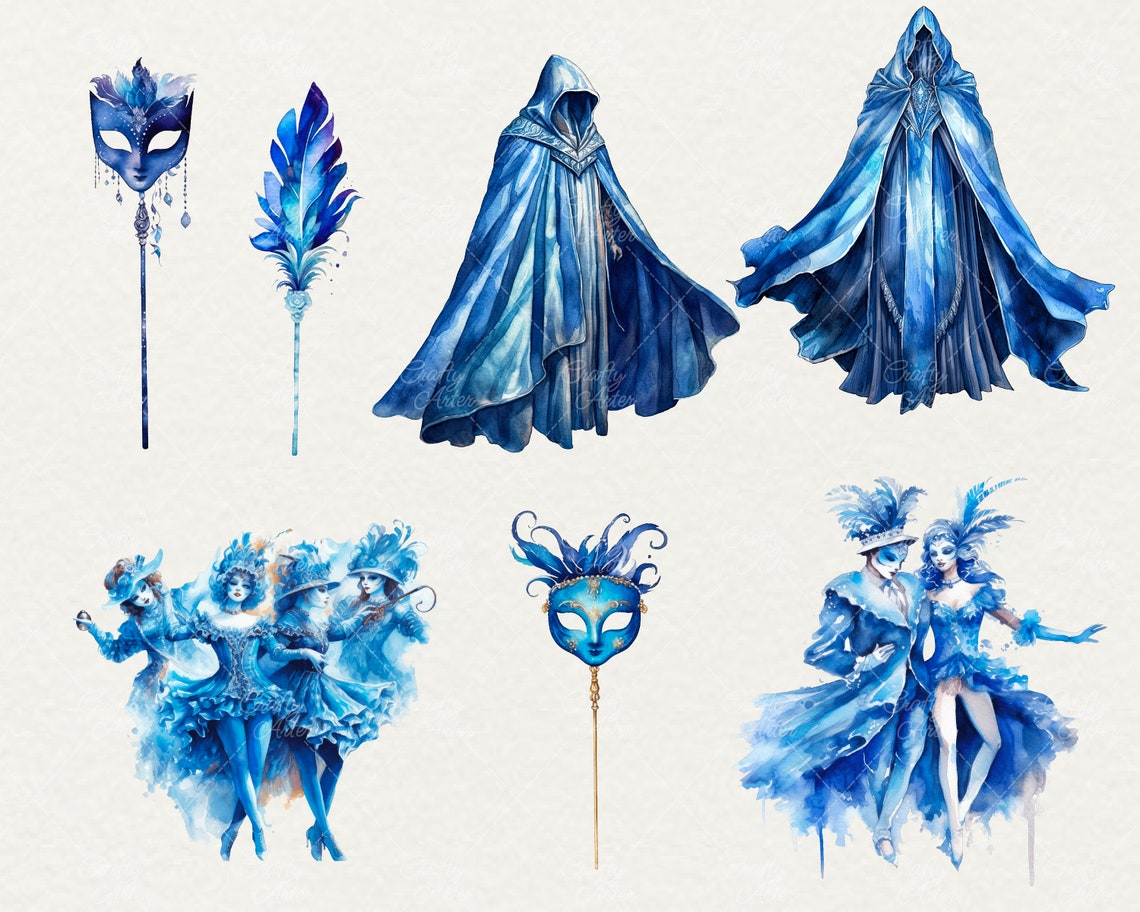 Watercolor Blue Masquerade Clipart: 34 PNG Graphics (commercial Use) - Etsy