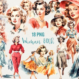 Clipart femme rétro aquarelle, clipart femme rétro femme, 18 PNG femme des années 80 pour un usage commercial