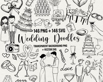 Conjunto de imágenes prediseñadas de doodle de boda: paquete SVG y PNG (uso comercial)