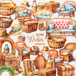Aquarell Weiden Clipart, 36 PNG Möbel Clip Art Weidenkorb Stuhl Bogen Stiefel Digitale transparente Kunst, kommerzielle Nutzung.