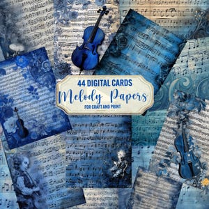 Papel digital de partituras azules, 44 notas musicales digitales para imprimir, páginas de diario basura para álbumes de recortes, fondo de notación musical para uso comercial