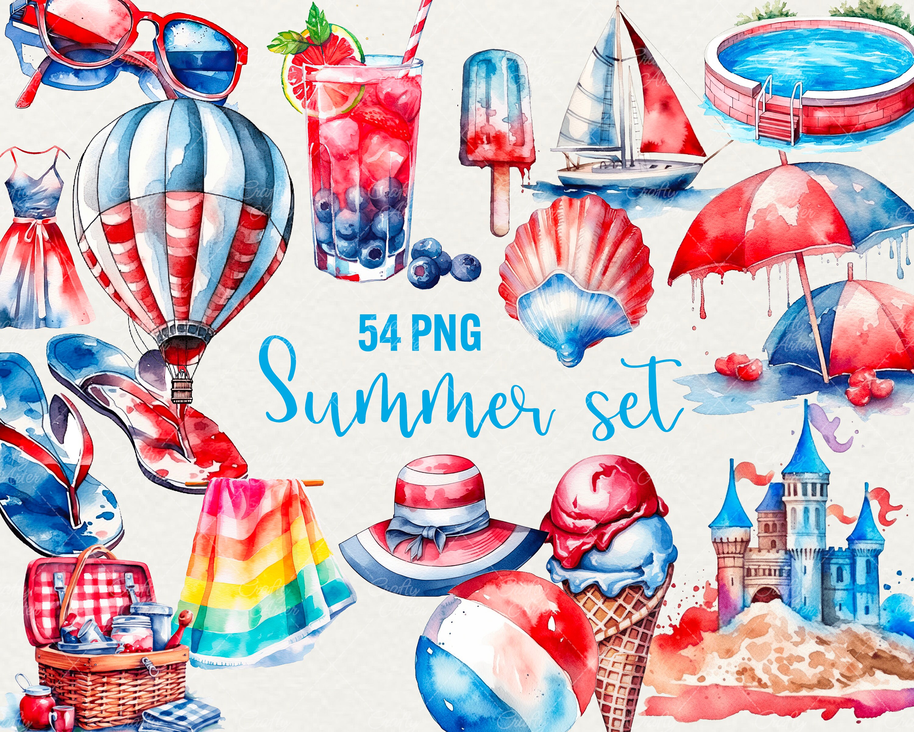 Beach Summer Clipart: Tropical Watercolor PNG Set (54 Images) - Etsy