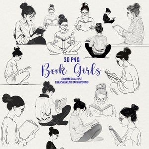 Book Girl Clipart, 30 png donna che legge line art, stampa digitale amante dei libri, ragazza carina minimalista che legge sfondo trasparente, uso commerciale