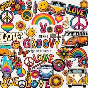 Clipart retro maravilloso, 49 PNG arcoíris hippie, letrero de pieza, hippie retro, PNG ondulado positivo, poder de las flores, clip art de sonrisa de amor, uso comercial.