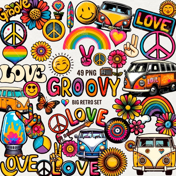 Groovy Retro clipart, 49 PNG Hippie Rainbow, Piece Sign, Retro Hippie, Positive Wavy Png, Flower Power, Smile Love Clip art, Commercial Use.