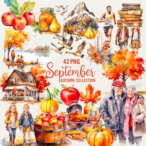 Clipart de acuarela de otoño y septiembre, 42 PNG, ilustración de otoño, abuelos, escuela, otoño, clipart de flores de otoño, uso comercial