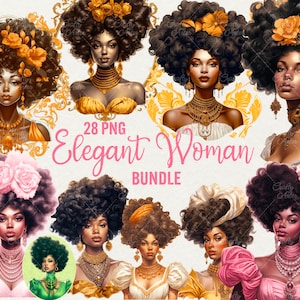 Clipart di donne eleganti, clipart di ragazza principessa con capelli afro dorati ad acquerello, 28 PNG Rococò bella donna ragazza, download immediato per uso commerciale