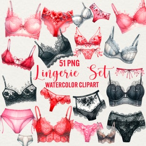 Imágenes prediseñadas de lencería de acuarela, 51 imágenes png de ropa interior de mujer, imágenes prediseñadas de sujetador de dama, ropa interior de encaje, invitación de despedida de soltera DIY, uso comercial