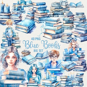 Watercolor Blue Book Clipart, 40 PNG Pastel School books clipart, Vintage book, Watercolor Teacher Books, Reading books Commercial Use