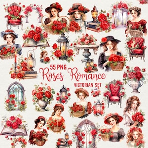 Clipart aquarelle roses victoriennes, aquarelle florale 55 PNG, scrapbooking roses romantiques vintage, journal indésirable roses femme, usage Commercial.