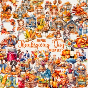 Thanksgiving Day Clipart Bundle, 89 PNG Watercolor Autumn graphics, Thanksgiving feast, fall season, turkey, pumpkin clipart, Commercial use