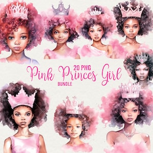 Roze prinses meisjes clipart, aquarel roze afro haar meisje prinses clipart, 20 png mooi meisje, instant download, commercieel gebruik.