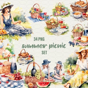 Clipart acquerello per picnic estivo, 34 png Cestino da picnic Giardino clipart per picnic brunch in famiglia, cena romantica, giardino per picnic, uso commerciale.