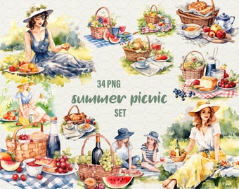 Watercolor Summer Picnic Clipart: 34 PNG Garden Brunch Graphics (Commercial Use)